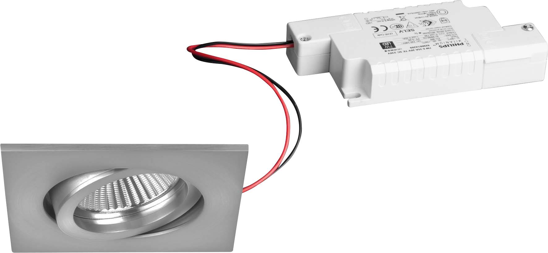 Faretto LED da incasso quadrato argentato con trasformatore rettangolare collegato, adatto per illuminazione interna.