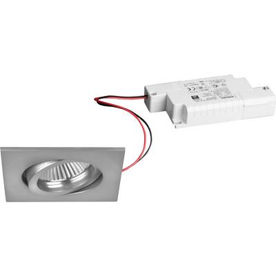 Faretto LED da incasso quadrato argentato con trasformatore rettangolare collegato, adatto per illuminazione interna.
