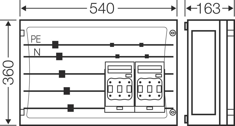 Disegno tecnico di un quadro elettrico con dimensioni: larghezza 540 mm, altezza 360 mm, profondità 163 mm. Mostra due slot di connessione.