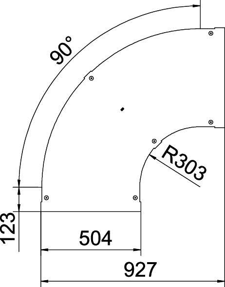 Disegno tecnico di un angolo con quote; 90 gradi, raggio 303 mm, larghezza 123 mm, lunghezza totale 927 mm.