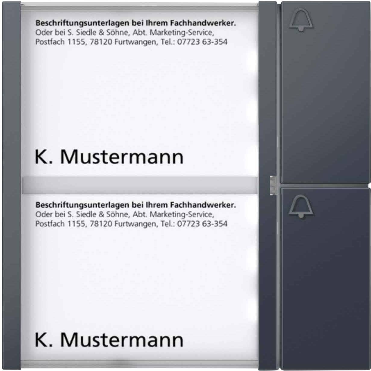 'Materiale per etichettatura presso il vostro fornitore specializzato. O presso S. Siedle & Söhne, Dipartimento Marketing-Service, Casella Postale 1155, 78120 Furtwangen, Tel.: 07723 63-354' è scritto in alto. 'K. Mustermann' è scritto in basso.