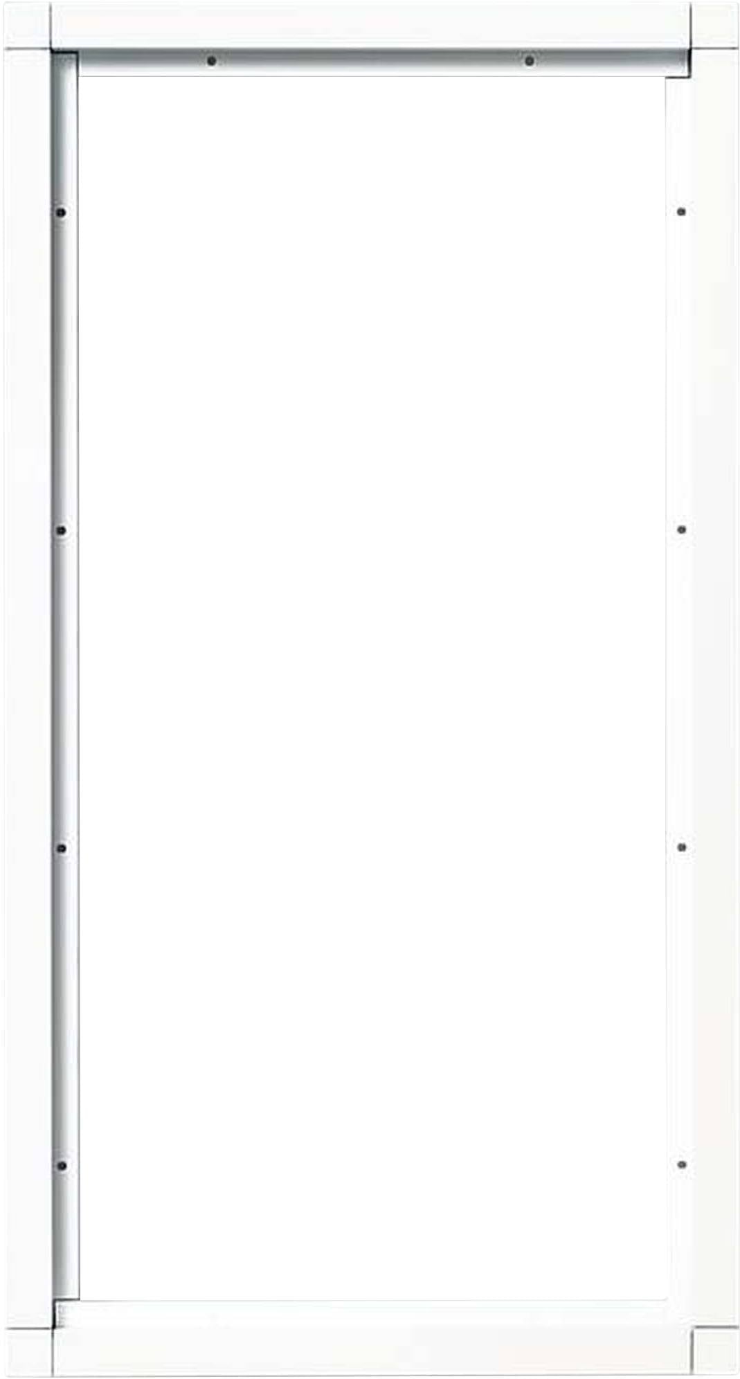 Un telaio porta vuoto, verticale, bianco in metallo, senza porta o altri elementi, su uno sfondo bianco.