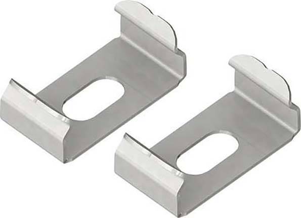 Due fermagli metallici argentati affiancati, identici nella forma, con base rettangolare e un foro ovale al centro.