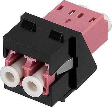 Adattatore LC-Duplex in fibra ottica nero e rosso con due connessioni in primo piano.