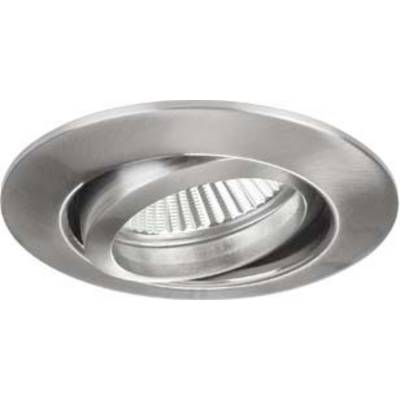 'Proiettore rotondo in metallo con superficie spazzolata, idoneo per l'installazione a soffitto. Emette luce focalizzata verso il basso.'