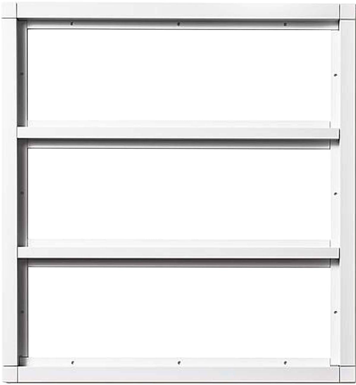 Uno scaffale bianco e vuoto con tre ripiani orizzontali su sfondo bianco. Ideale per lo stoccaggio o la decorazione.