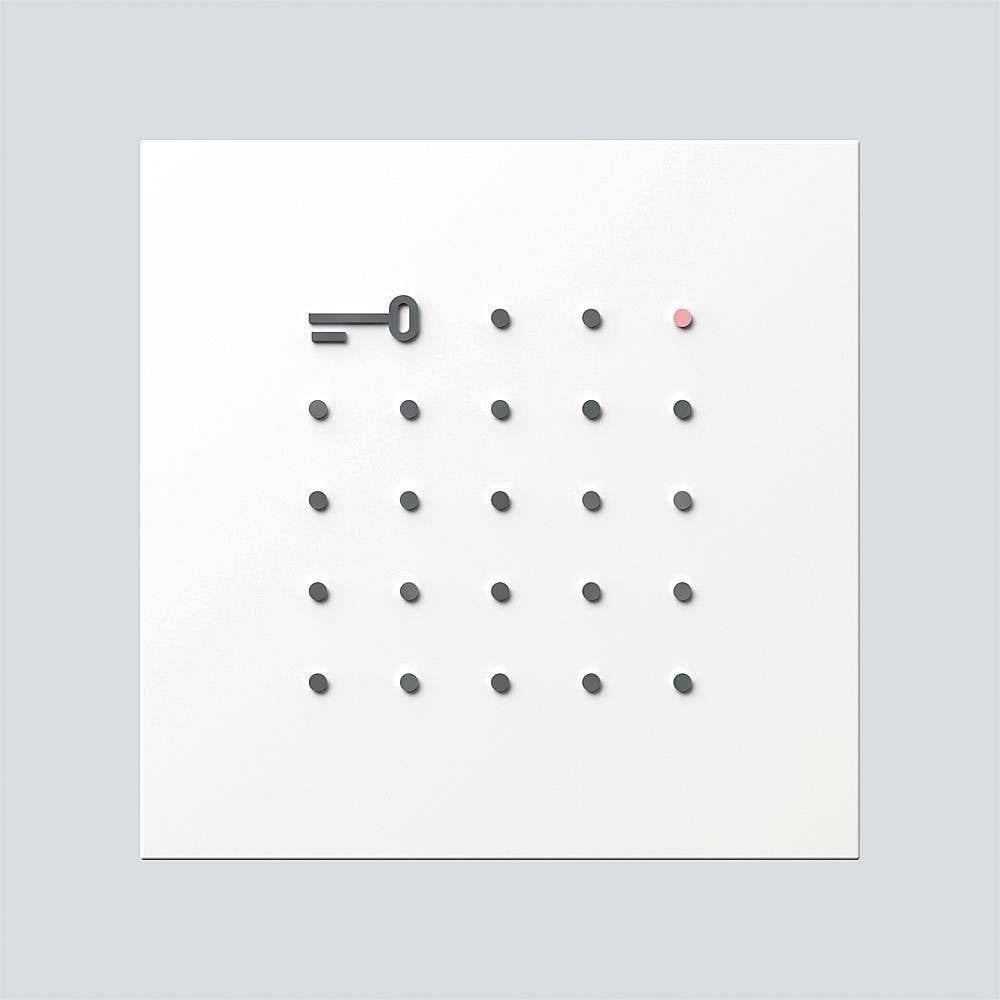 Uno sfondo bianco mostra 20 punti neri in una griglia 5x4 e una chiave nera in alto a sinistra. Un punto in alto a destra è rosso.