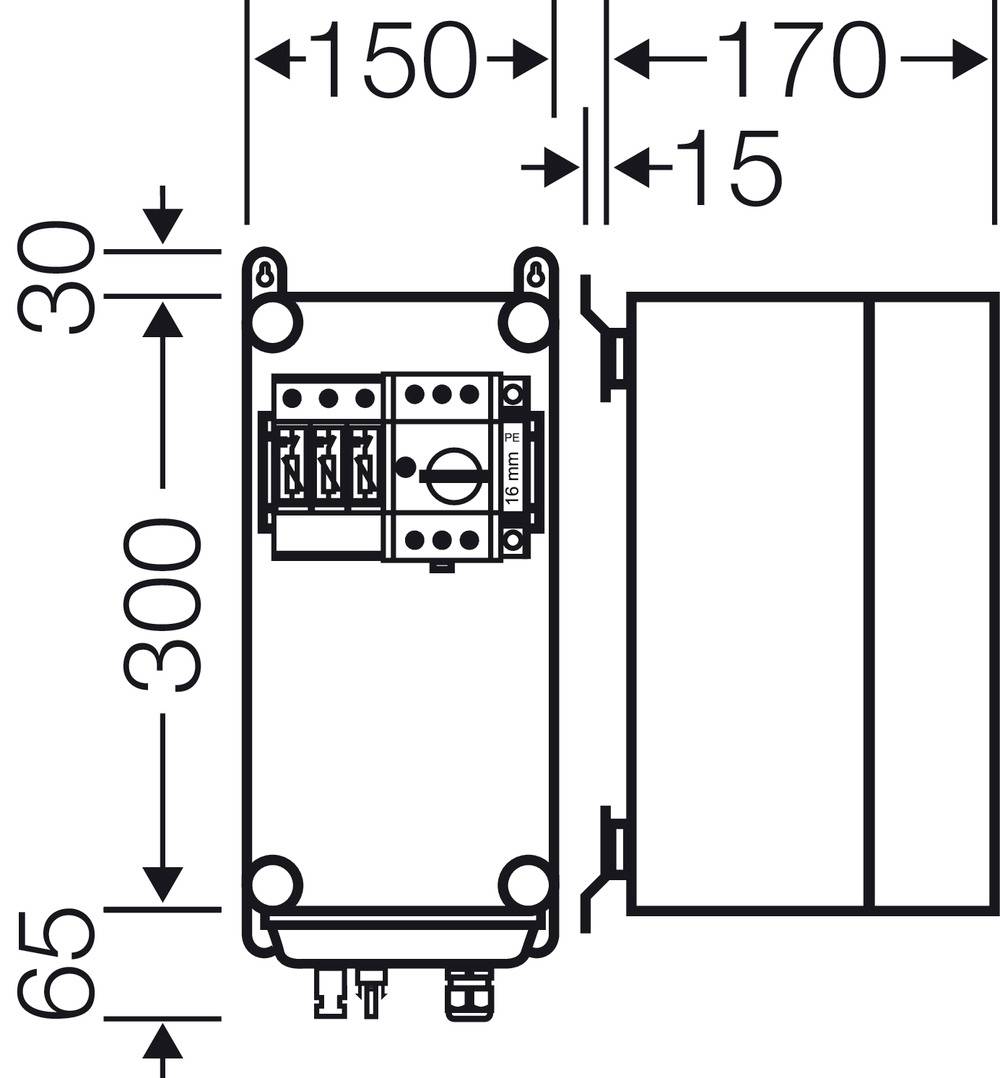 Disegno tecnico di un dispositivo con dimensioni: larghezza 150 mm, profondità 170 mm, altezza 300 mm. Contiene interruttori e connessioni nella parte inferiore.