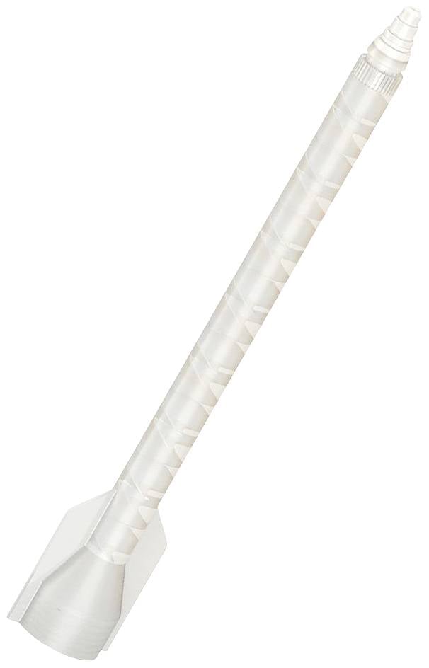 Un dispositivo miscelatore statico in plastica con inserti a spirale, utilizzato per miscelare materiali come adesivi.