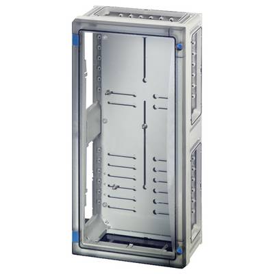 Armadio metallico per il montaggio di componenti elettrici. Forma rettangolare con diversi tagli orizzontali e fori per viti.