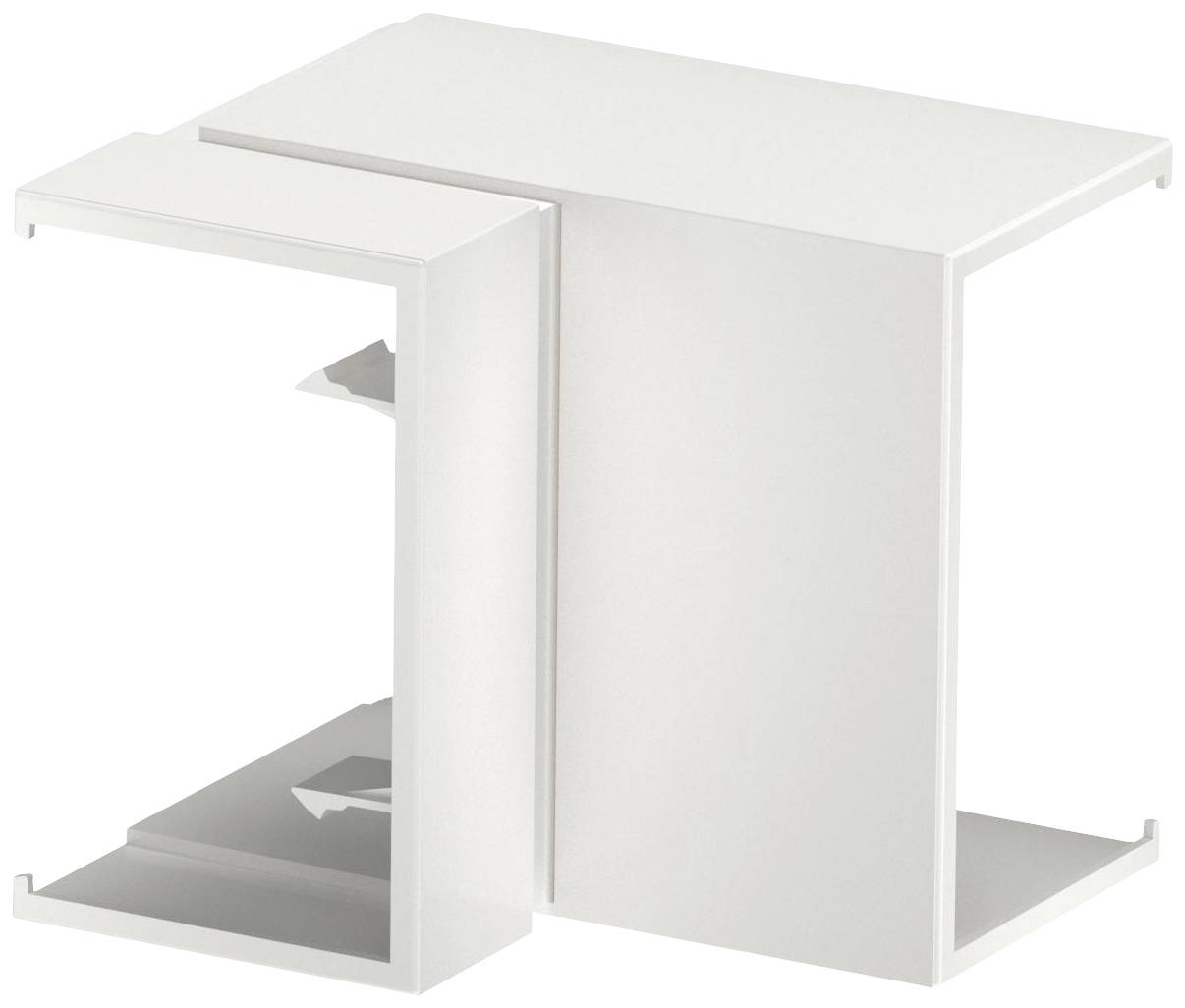 Un tavolino bianco, moderno, a due ripiani con design asimmetrico, adatto a un uso flessibile in soggiorno o in ufficio.