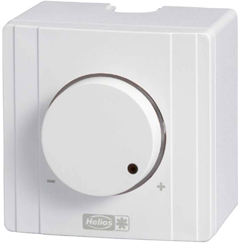 Un selettore rotativo bianco con segni più e meno per la regolazione, con il logo Helios in basso.