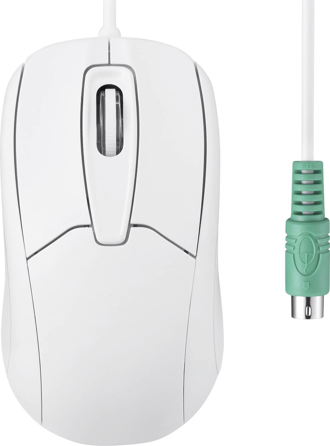 Mouse bianca per computer con rotellina di scorrimento e cavo di connessione PS/2 verde e rotondo, adatta per PC più datati con porte PS/2.