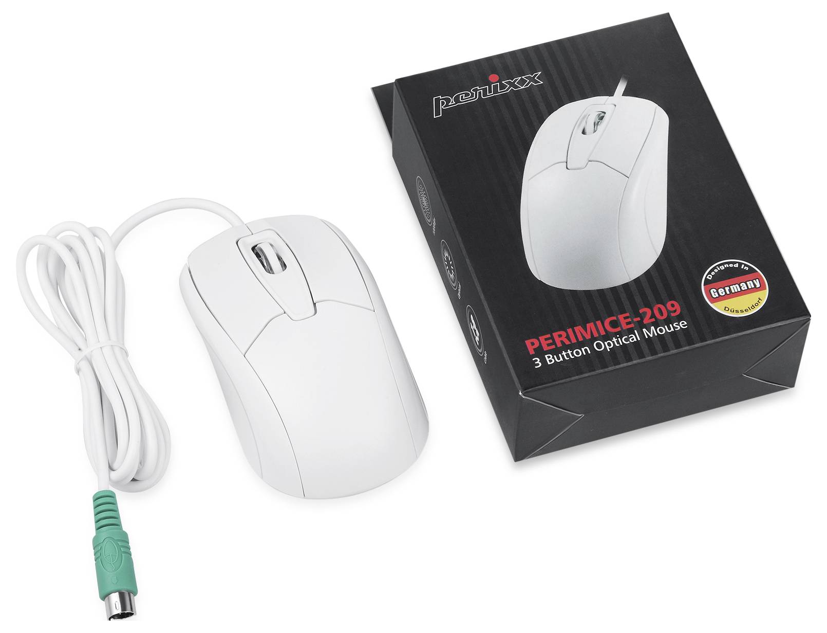 Mouse ottica bianca con tre tasti posizionata accanto alla sua confezione. La confezione mostra l'immagine del prodotto e la scritta 'PERIMICE-209'.