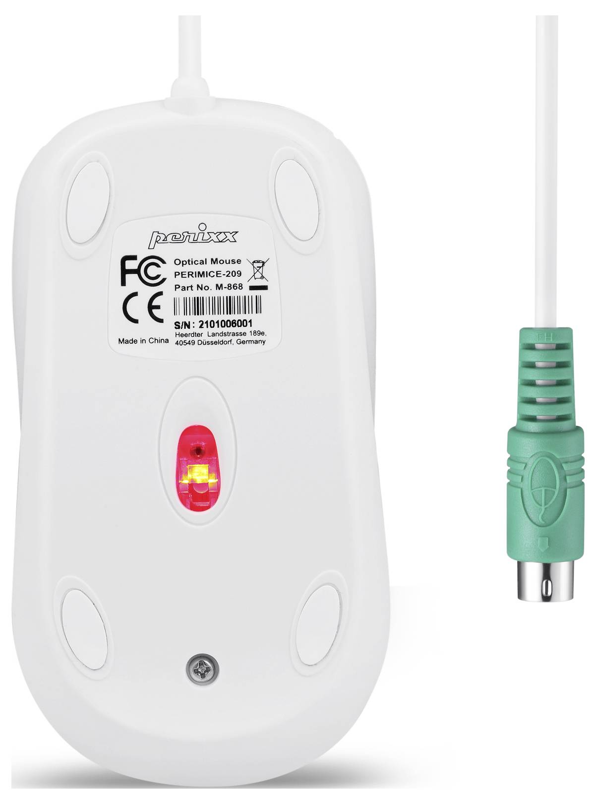 Un mouse ottico bianco con cavo e connettore PS/2, con luce del sensore ottico rossa e etichetta di certificazione sul lato inferiore.