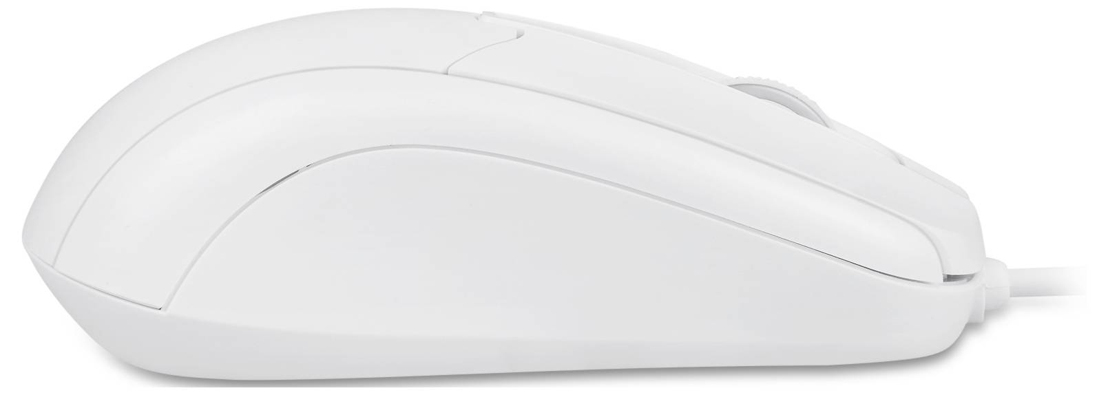 Un mouse bianco per computer con una forma semplice ed ergonomica, collegato tramite cavo.
