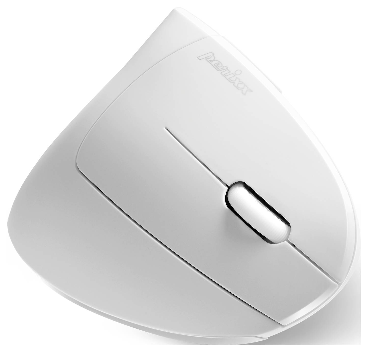 Un mouse per computer ergonomico verticale in bianco, progettato per migliorare il comfort e sostenere il polso durante il lavoro al computer.