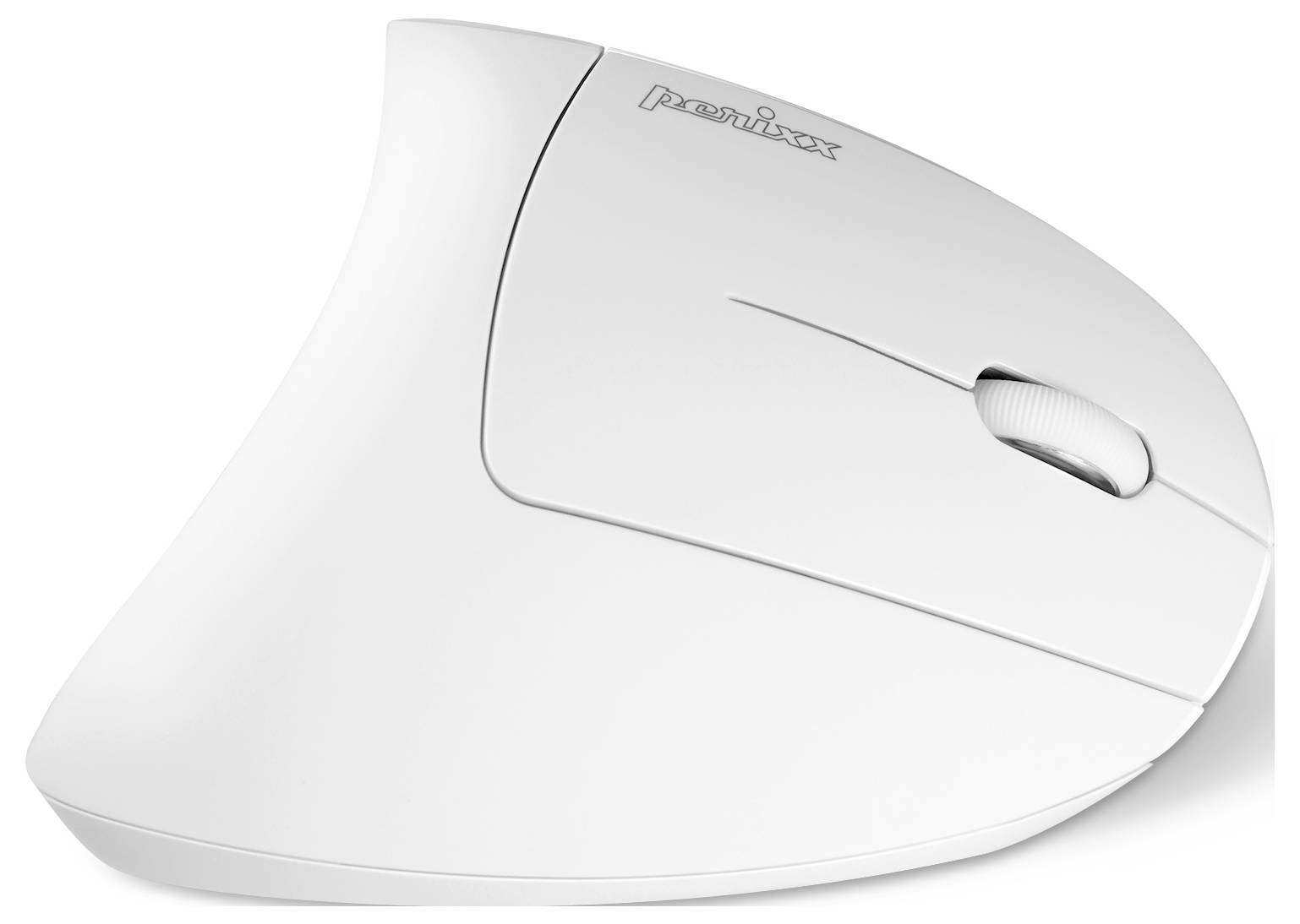 Mouse ergonomico bianco con design verticale a forma di arco e rotella di scorrimento laterale, progettato per garantire comfort e una posizione naturale della mano.