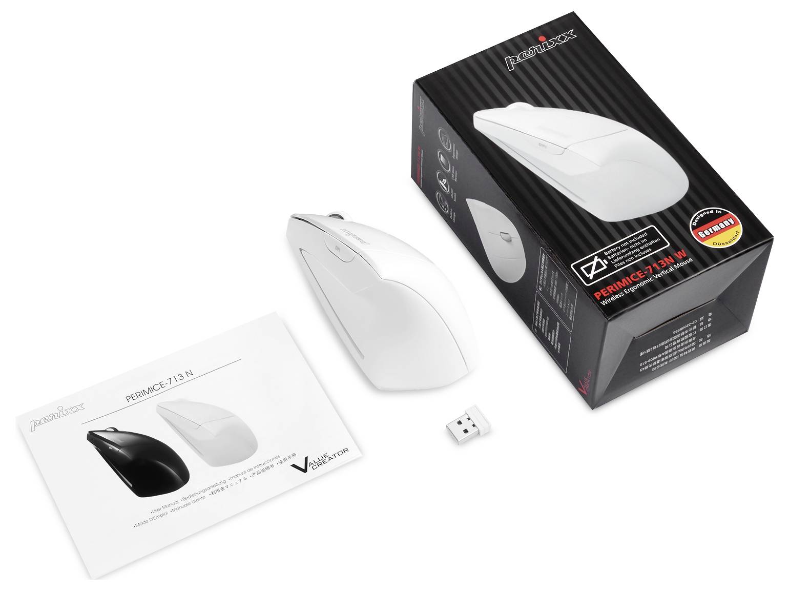 Mouse wireless con adattatore USB e manuale delle istruzioni accanto alla confezione. Il mouse è bianco e ha una forma ergonomica.