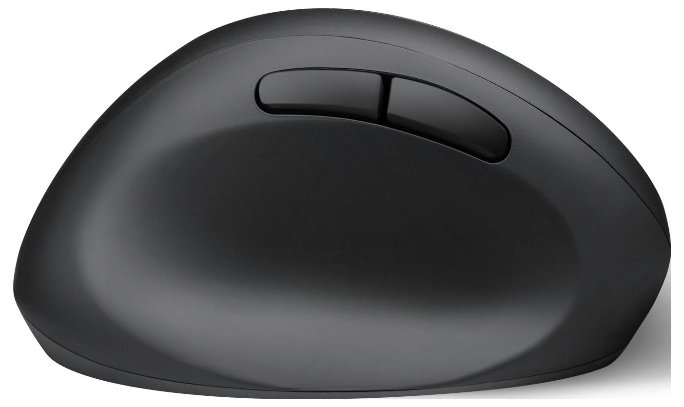 Un mouse ergonomico con due tasti sulla parte superiore, in nero, per alleviare lo sforzo sul polso e migliorare la navigazione.