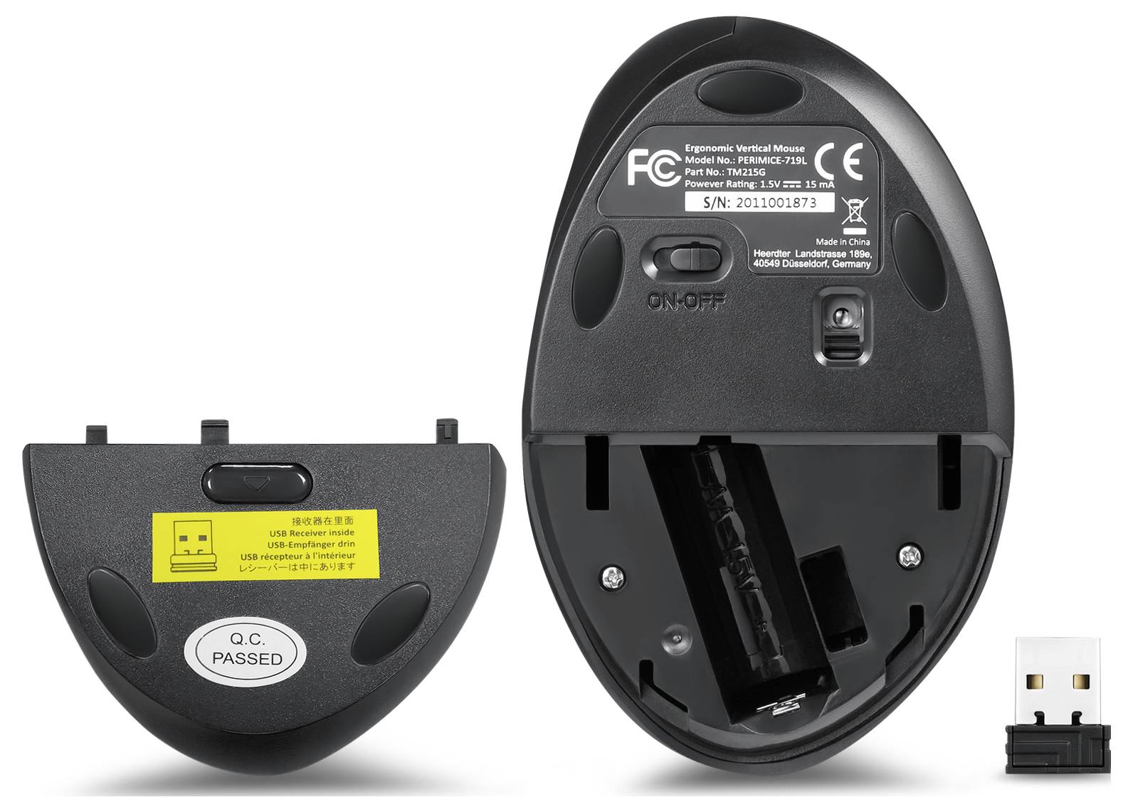 Mouse wireless verticale con parte inferiore aperta, vano batterie e ricevitore USB. Mostra il posizionamento delle batterie e la posizione dell'interruttore.