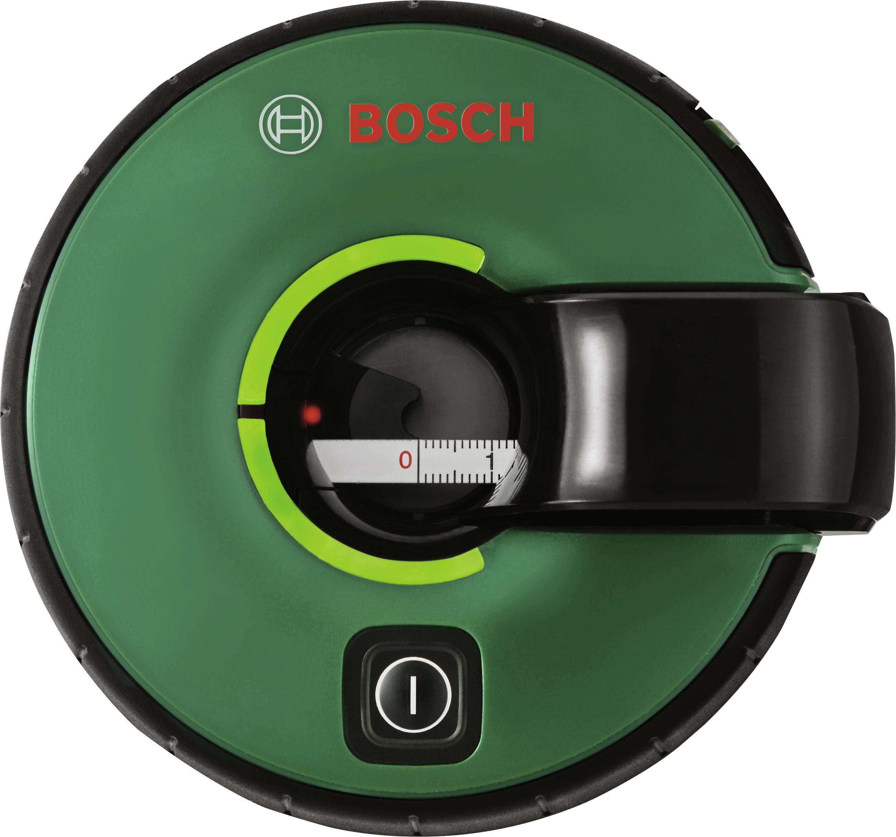 Un misuratore laser di distanza Bosch verde, visto dall'alto, con display digitale che mostra le misure, con impugnatura nera sulla destra.