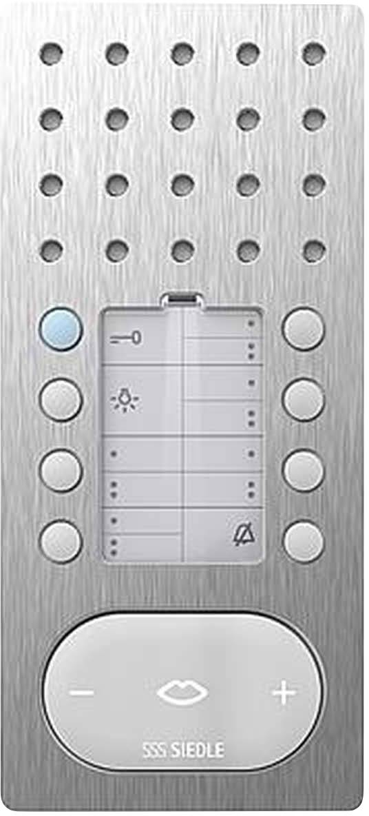 Impianto citofonico con altoparlante, microfono e tasti per il controllo del volume. Superficie in acciaio inox dal design essenziale.