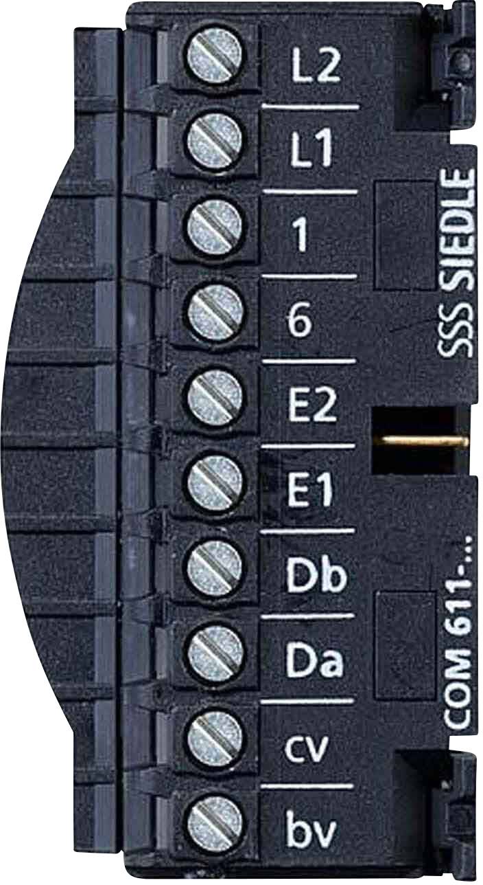 Modulo di connessione nero con undici morsetti, contrassegnato lateralmente con 'SSS SIEDLE' e 'COM 611...'.