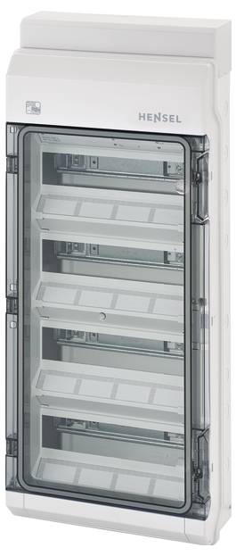 Quadro elettrico con porta trasparente, cinque scomparti, idoneo per il ricovero sicuro di componenti elettrici.