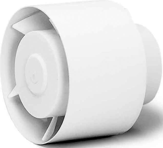 Un ventilatore radiale bianco, cilindrico, con cinque pale, utilizzato per la ventilazione di piccoli ambienti.