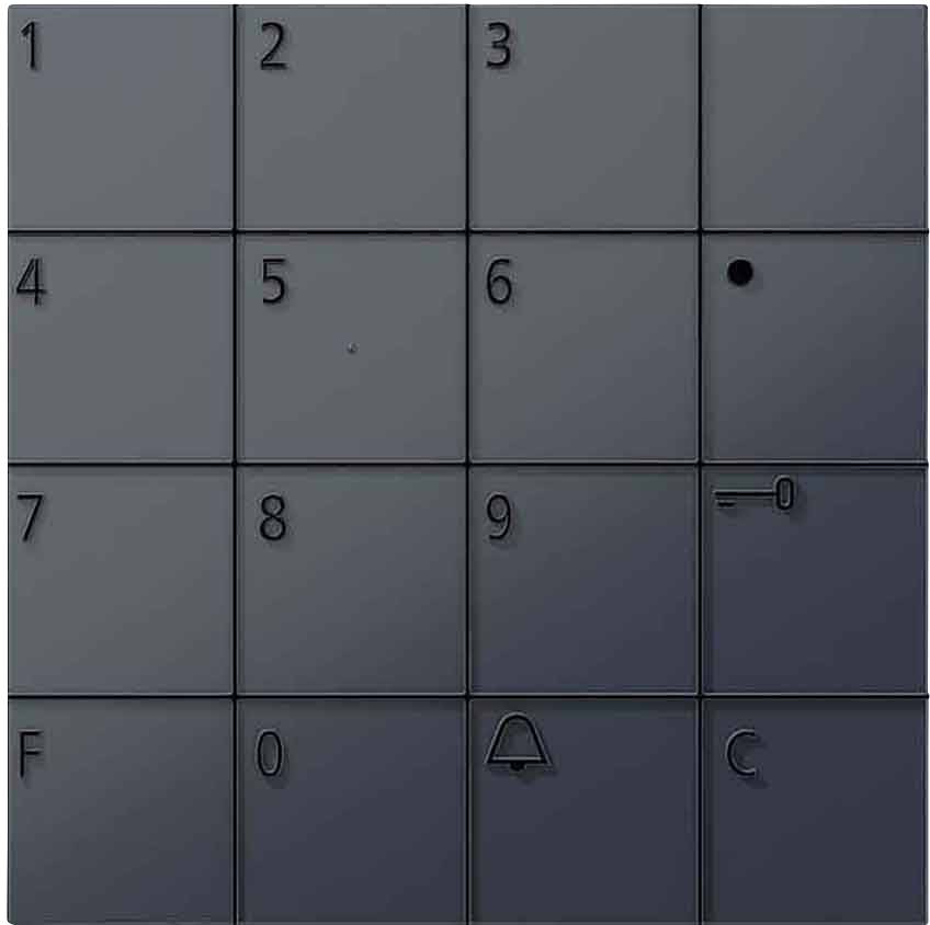 Una tastiera nera con 16 tasti, numerati da 1 a 9, lettere F e C, simbolo di campana, punto e segno di uguale.