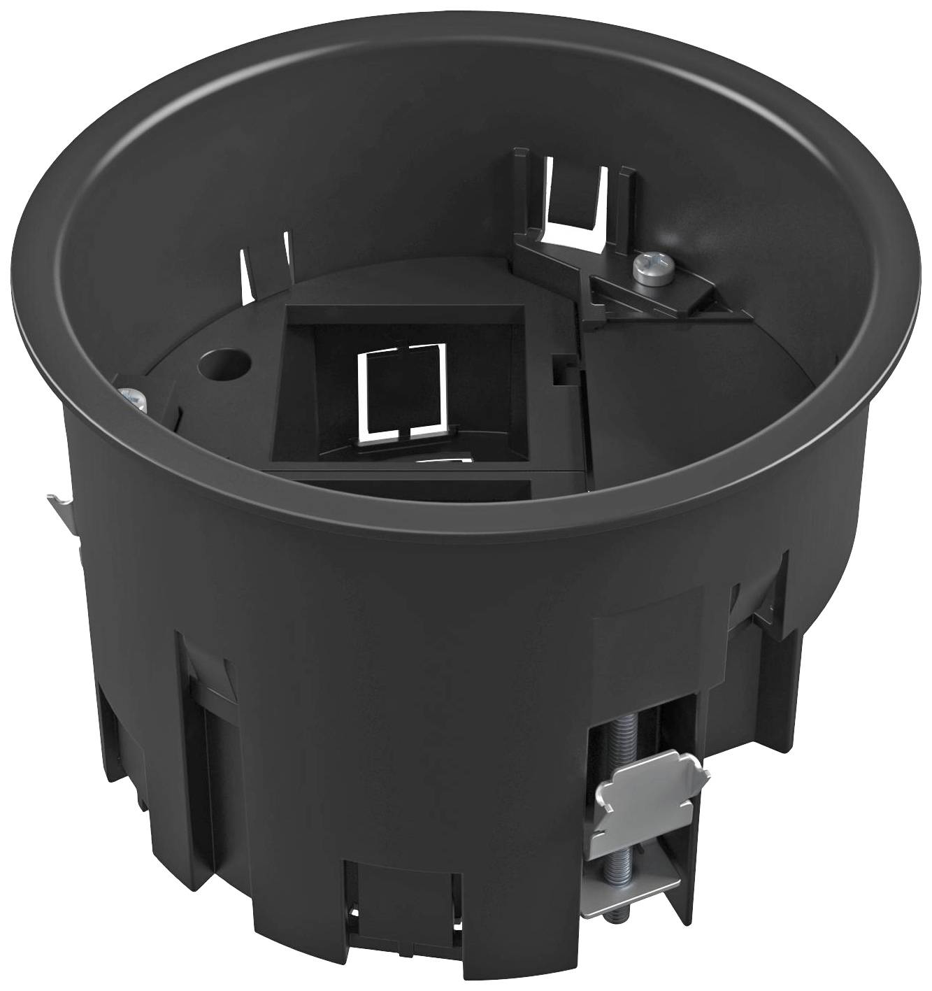 Un contenitore nero rotondo da incasso per il montaggio in pareti cave, che mostra gli elementi di fissaggio e le aperture per l'installazione di componenti elettrici.