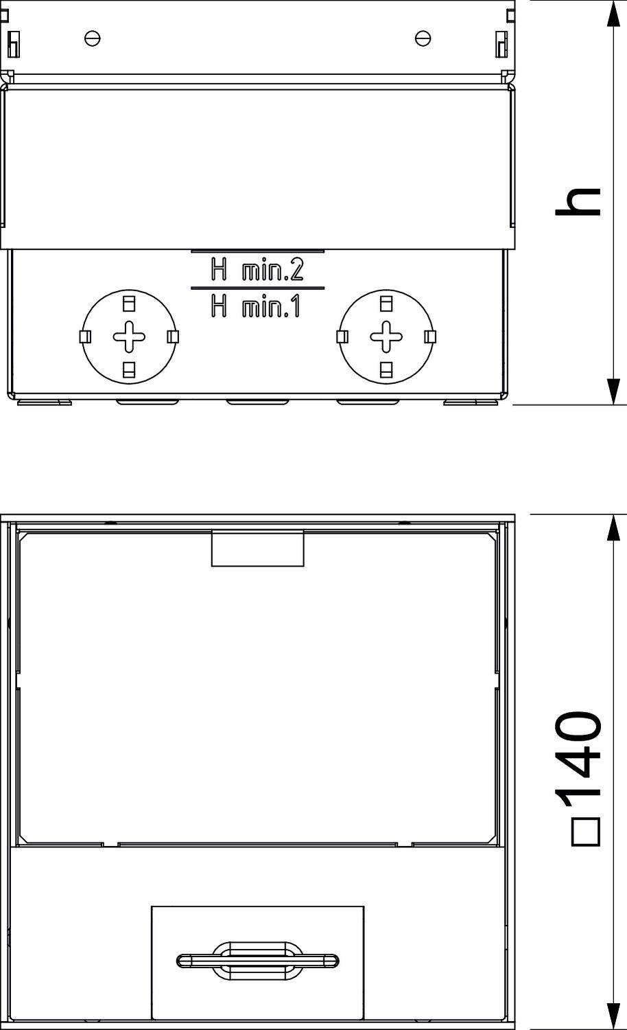 Disegno tecnico di un involucro rettangolare con indicazioni di altezza 'h' e '140'. Due attacchi circolari sono contrassegnati come 'H min.1' e 'H min.2'.