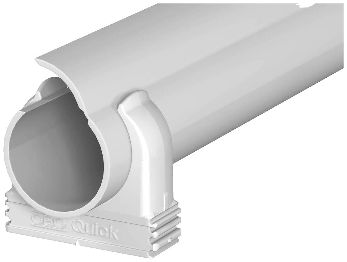 Un tubo in plastica grigio con sezione trasversale ovale e scritta 'OBO Quick' sul piedistallo, idoneo per il fissaggio dei cavi.