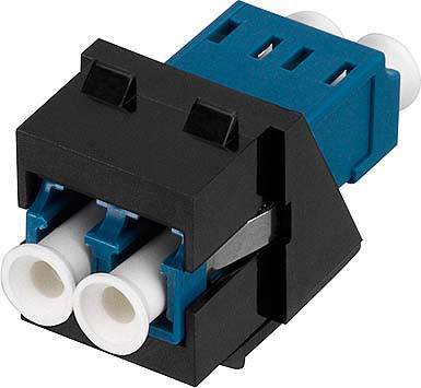 Un adattatore in fibra ottica nero e blu con due porte per collegare cavi in fibra ottica nei dispositivi di rete.