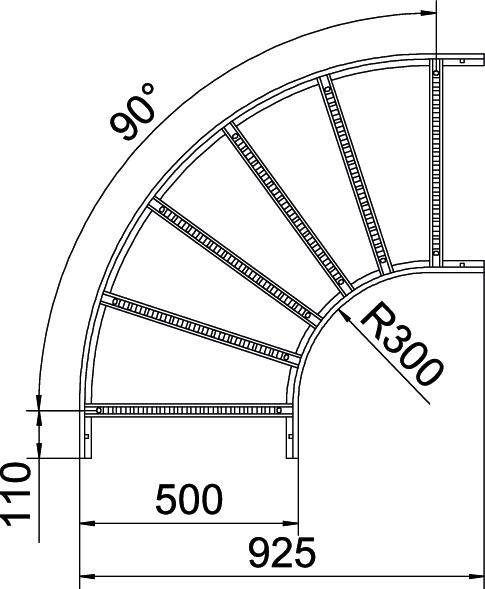 Scala in metallo curva a 90 gradi, raggi e misure indicate: R300, 500, 925, altezza 110 mm.