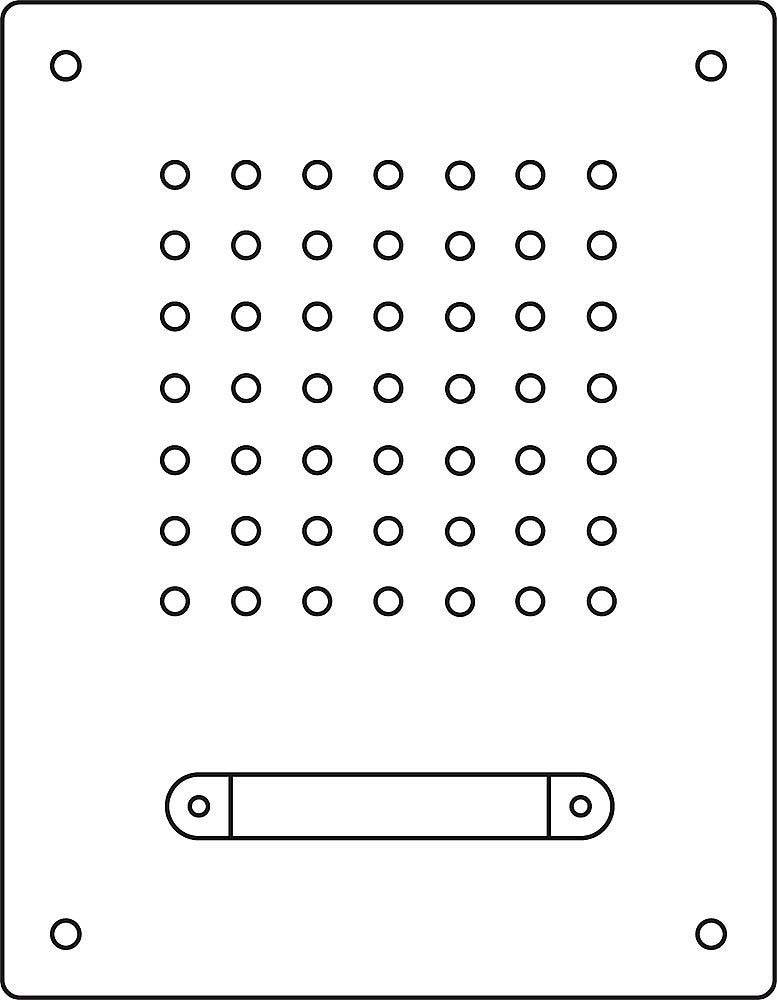 Un semplice diagramma rettangolare con una griglia di piccoli fori e un manico orizzontale nella parte inferiore.