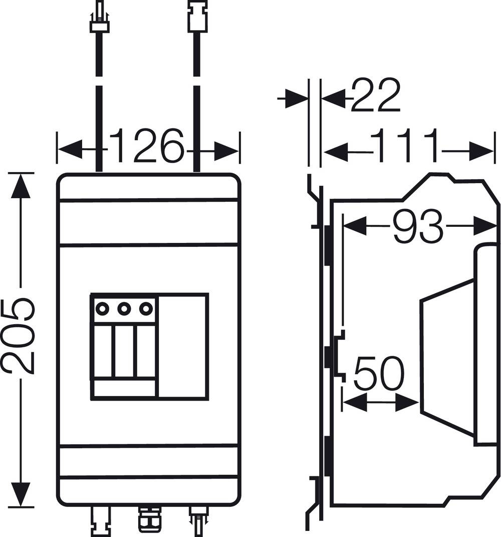 Disegno tecnico di un dispositivo elettrico con misure: altezza 205 mm, larghezza 126 mm, profondità 111 mm, sezione laterale destra.