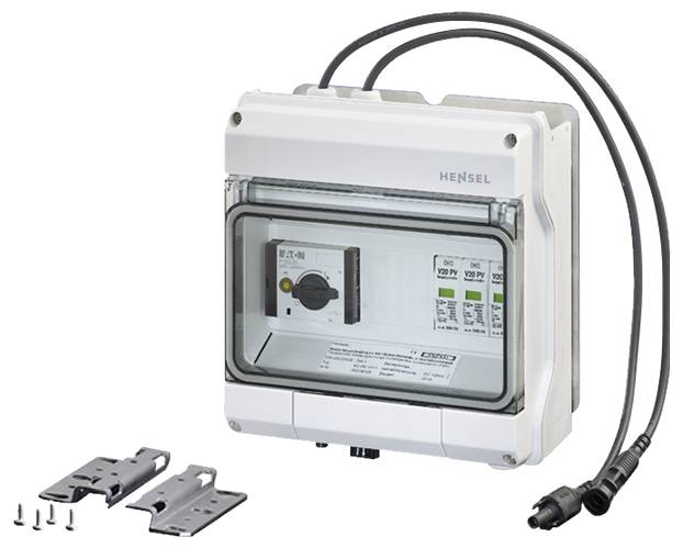 Un involucro bianco con un coperchio trasparente e un display, cavi collegati lateralmente. Parti accessorie e viti sono posizionate accanto.