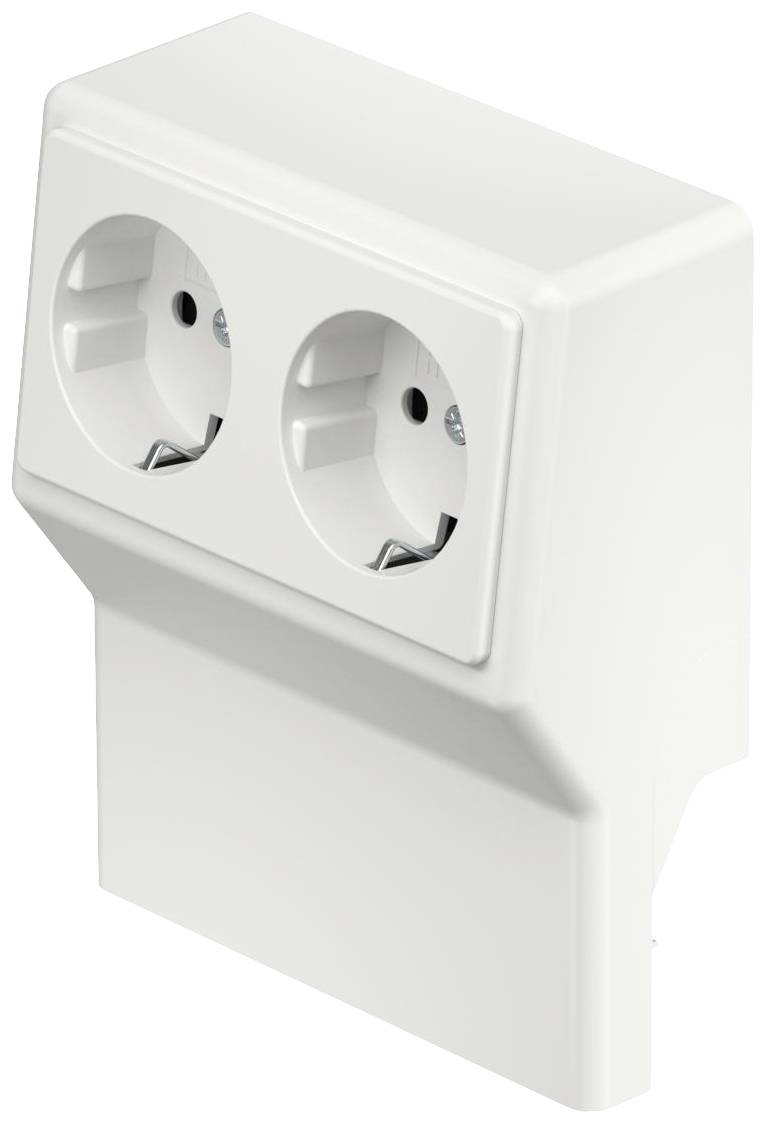 Una presa elettrica doppia bianca su un supporto a muro, che mostra le aperture anteriori e i contatti di messa a terra.