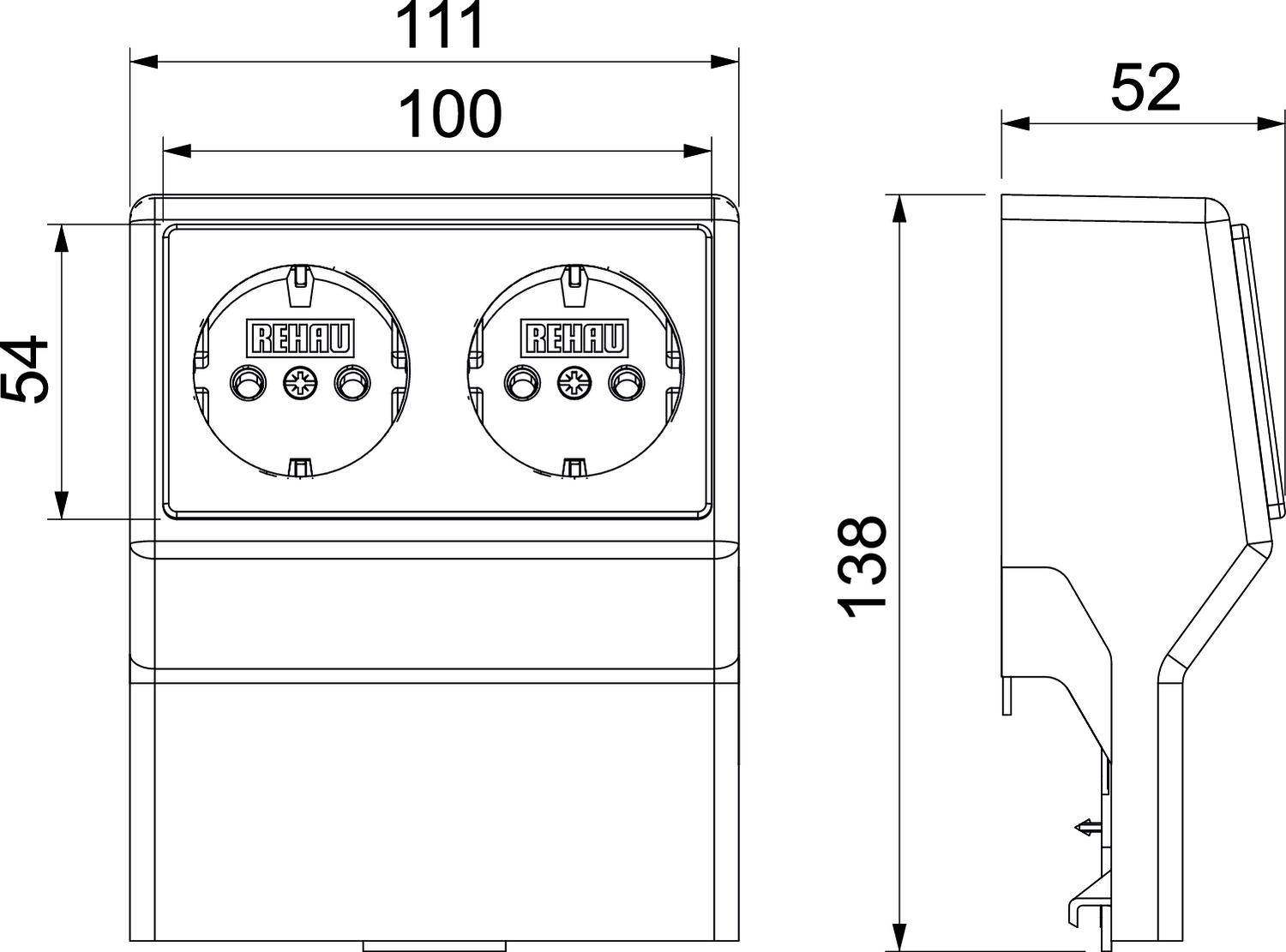 Disegno di una presa elettrica con misure: larghezza 111 mm, altezza 138 mm, profondità 52 mm. Mostra due slot con la scritta 'REHAU'.
