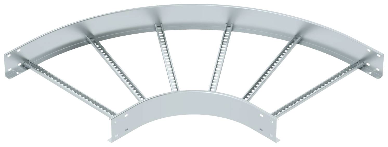 Portacavi metallico curvo con multiple staffe di supporto.
