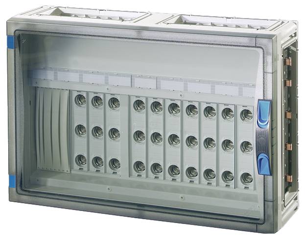 Quadro di distribuzione con più file per elementi di sicurezza, involucro trasparente, mostra i supporti vuoti, pronto per l'installazione.