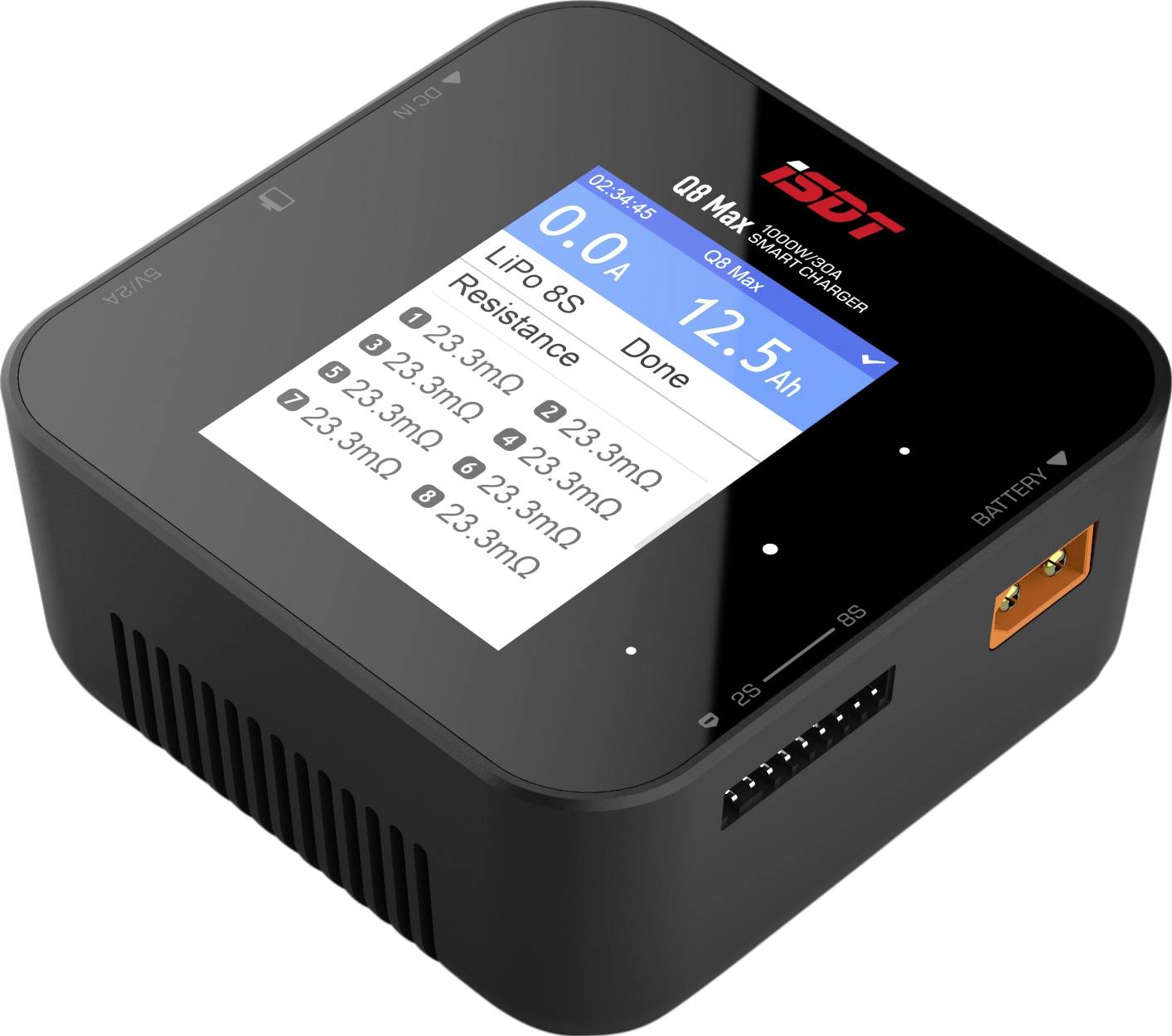 Caricabatterie nero con schermo LCD che visualizza informazioni di carica per batterie LiPo, come tensione e resistenza.