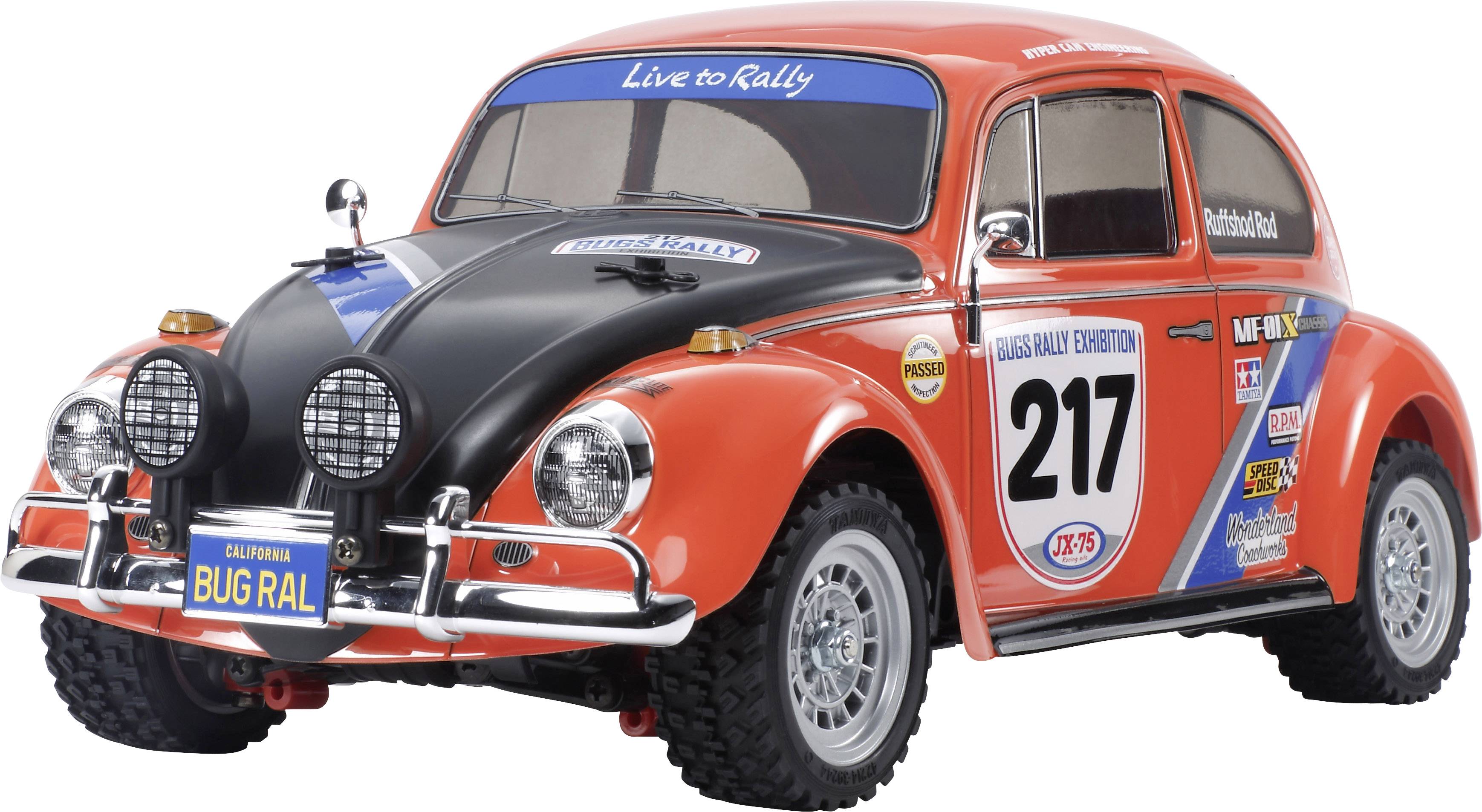 Un'auto da rally rossa in stile Volkswagen Beetle classico con il numero di gara 217 e la scritta 'Live to Rally'.