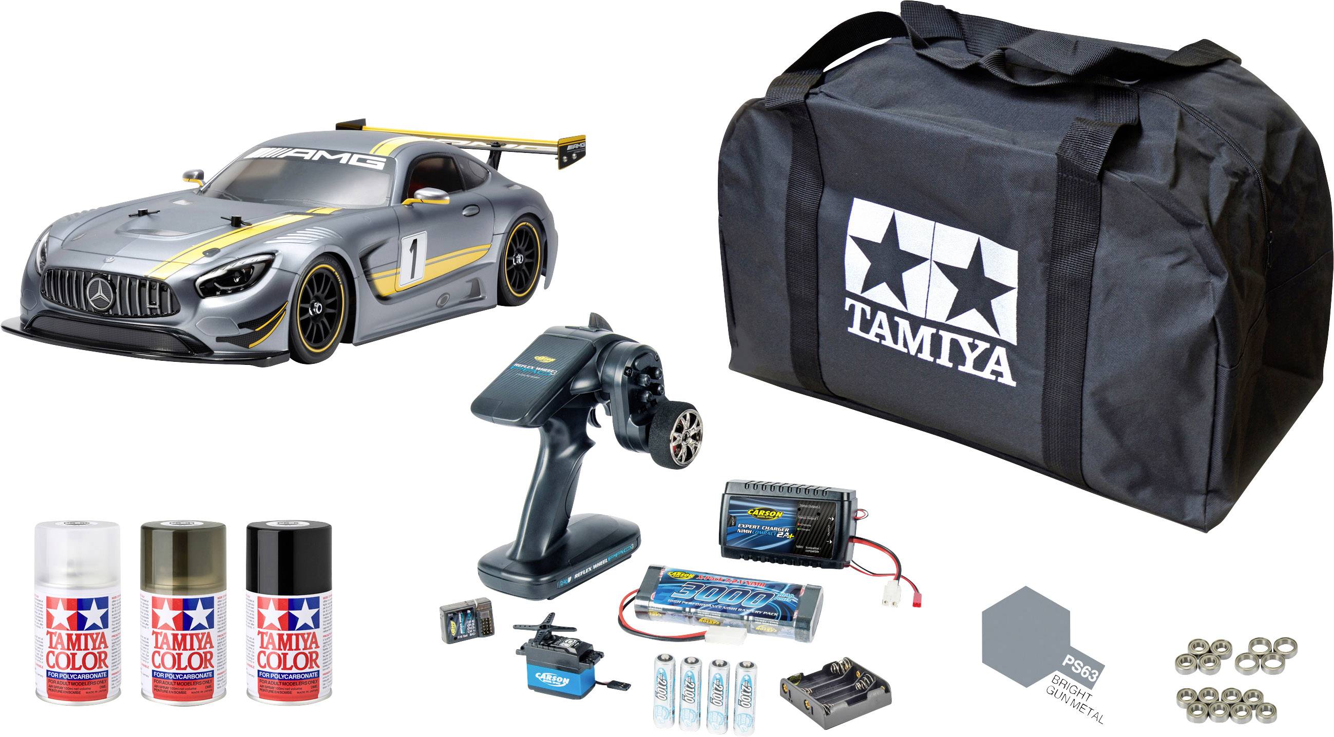 Set di auto radiocomandata con macchina da corsa argentata, telecomando, colori, caricabatterie, batterie e borsa da trasporto.