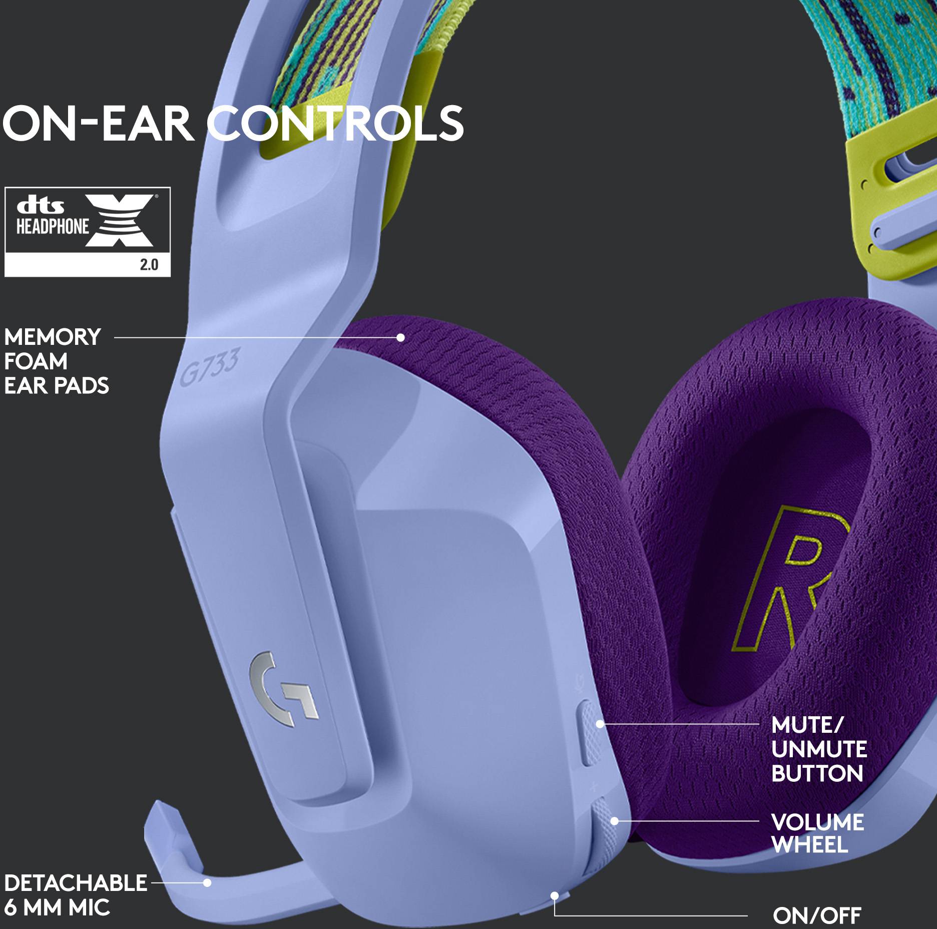 Logitech Gaming G733 LIGHTSPEED Cuffie On Ear Senza fili (via radio) 7,1 Surround Viola regolazione del volume Gaming-13