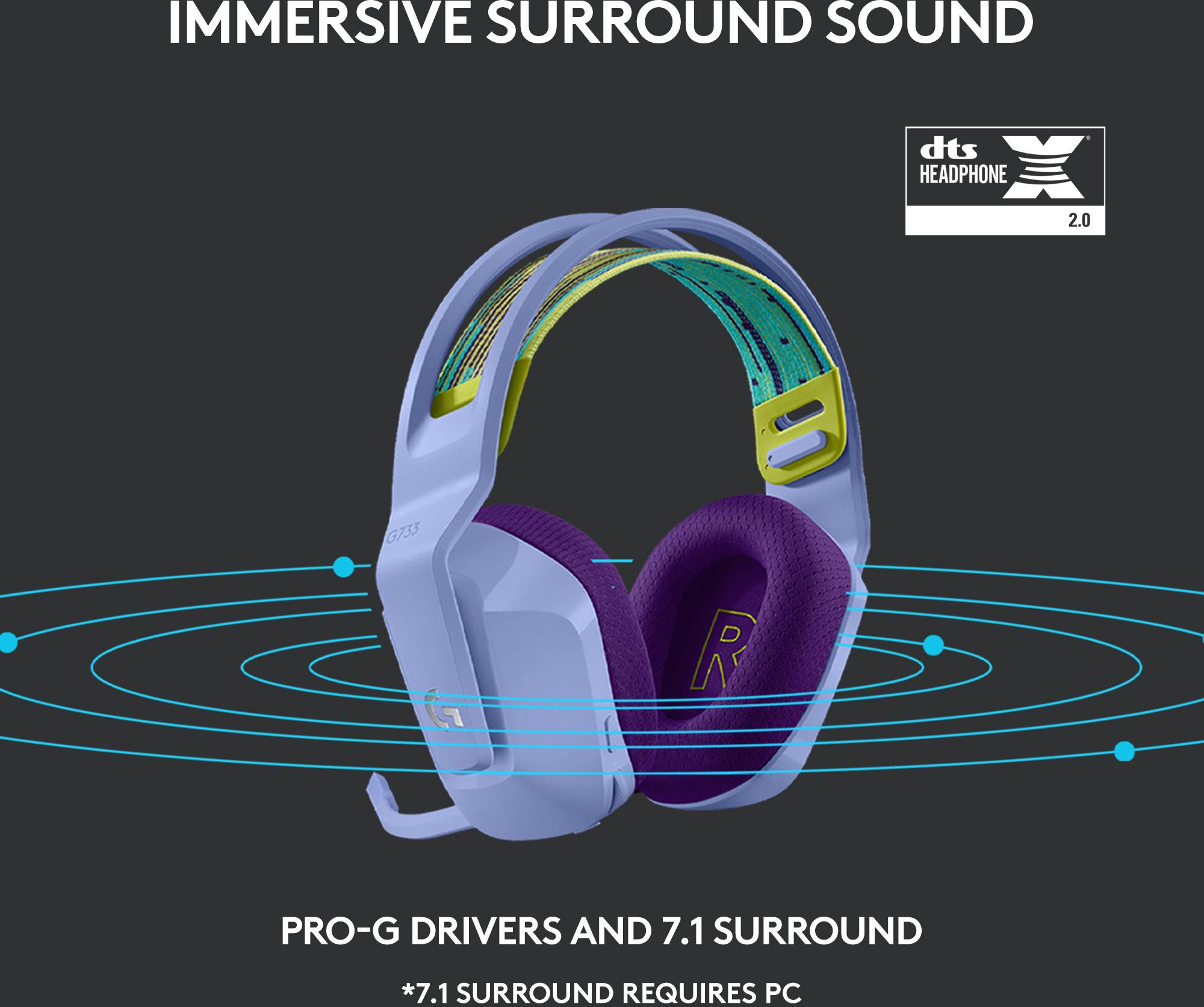 Logitech Gaming G733 LIGHTSPEED Cuffie On Ear Senza fili (via radio) 7,1 Surround Viola regolazione del volume Gaming-18