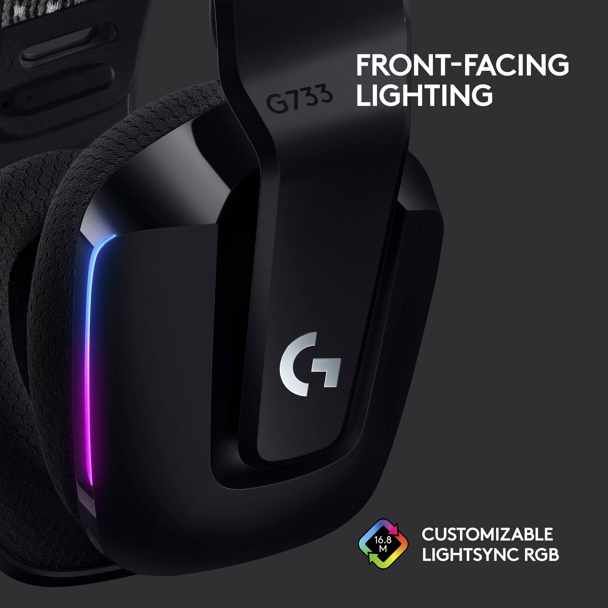 Cuffie da gaming con illuminazione rivolta in avanti e la scritta 'G733', accanto sta scritto 'LIGHTSYNC RGB personalizzabile'.