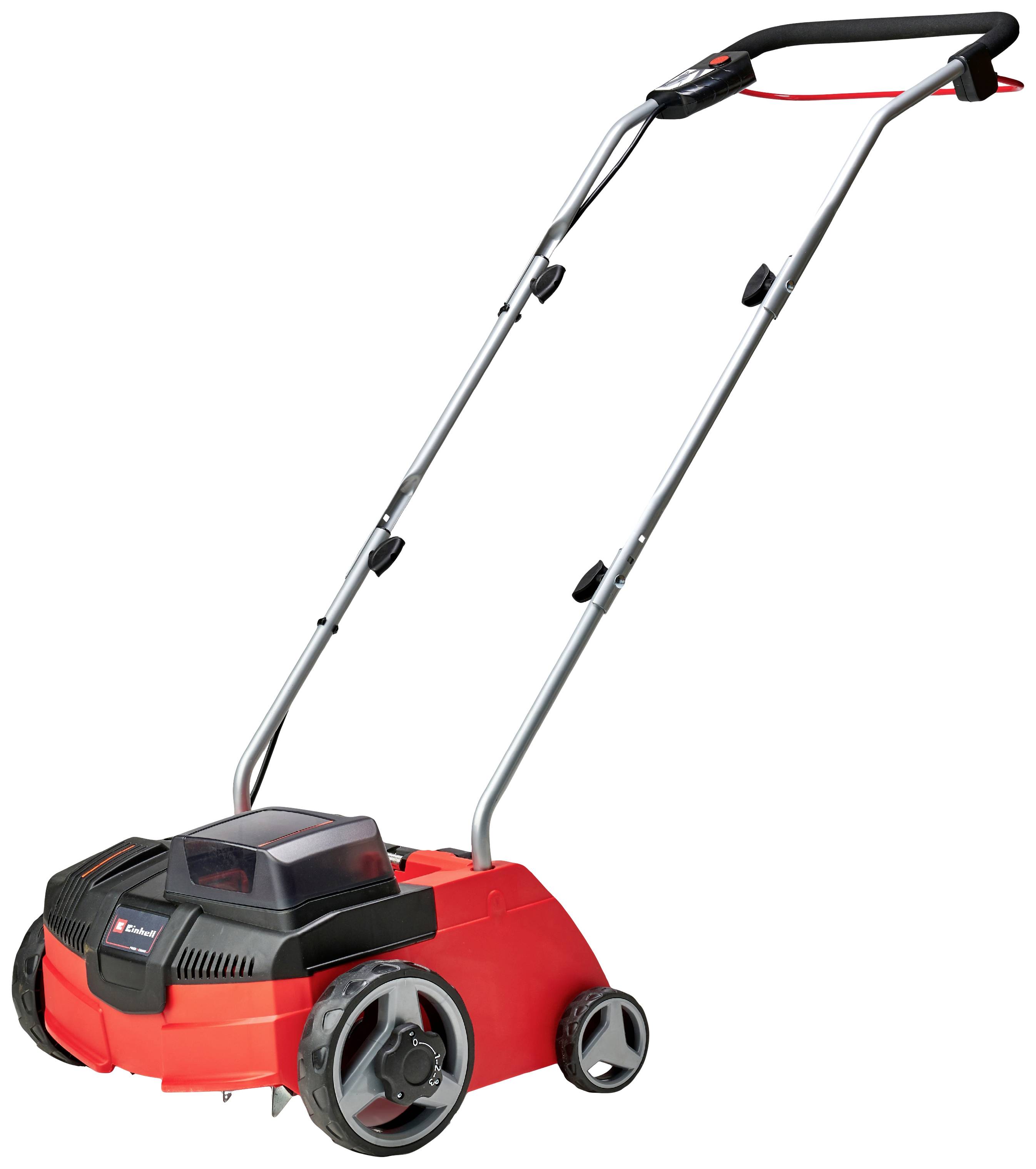 Un arieggiatore elettrico rosso con manico nero e quattro ruote, adatto alla manutenzione del prato.